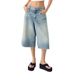 Women Knee Length Denim Shorts | Low Waisted | Stretchy Bermuda Jean Shorts | Baggy Cargo Jorts | Y2K Vintage