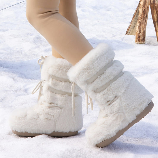 Women Winter Snow Boots | Mid-Calf | Lace-Up | Fur Ski Boots | Platform | Waterproof