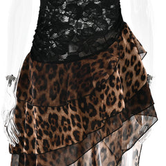 Women Leopard Print See Through Lace Dress | One Shoulder Ruffle Dress | Summer Elegant Party Dress