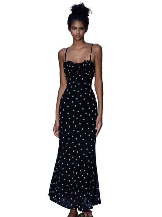 Women Summer Polka Dot Black Dress | Spaghetti Strap | Elegant | Maxi Bodycon | Vestidos