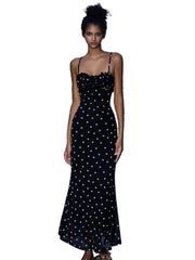 Women Summer Polka Dot Black Dress | Spaghetti Strap | Elegant | Maxi Bodycon | Vestidos