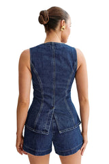 Women Summer Denim Vest | Denim Top | High Waist Wide Leg Shorts | Set
