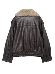 Women Winter Loose Leather Fur Jacket | Big Fur Collar | Casual Coat | Double Breasted