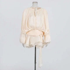 Women Flowy Mini Dress | V Neck | Long Sleeve | Spliced | Lace Up | Blouse Dress