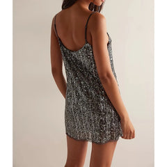 Women Sequin Party Dress | Mini Slip Dress | Spaghetti Strap | Split Hem