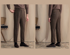 Men Vintage Wool Herringbone Pattern Pants | Casual | British | Warm | High Waist | Straight Pants