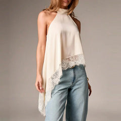 Women Asymmetrical  Lace Satin Top | Silk Vest | Draped Choker | Halter Neck | Cami