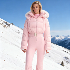 Women Pink Ski Wear Jumpsuit | Long Sleeve | Hoodie | Wide Leg Jumpsuit | Winter | Thick | Warm