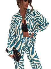 Women Zebra Print 2 Piece Set | Long Sleeve Drop Shoulder Shirt with Wide Leg Pants
