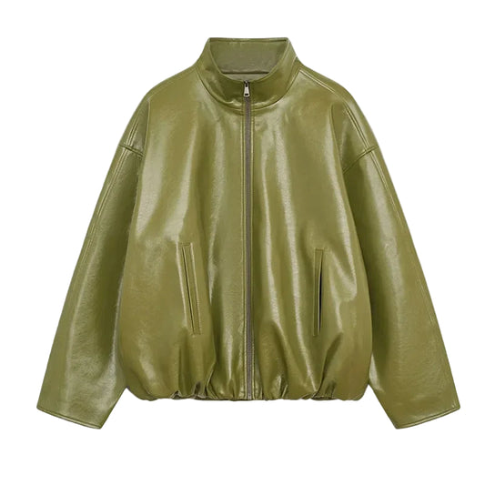 Woman Glossy Leather Two Piece Set | Leather Jacket | Straight Long Leather Skirt | Autumn | Stand Collar Zipper Jacket |