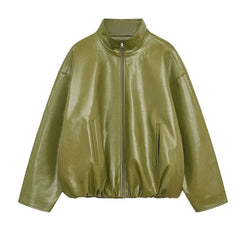 Woman Glossy Leather Two Piece Set | Leather Jacket | Straight Long Leather Skirt | Autumn | Stand Collar Zipper Jacket |