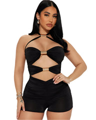 Women Black Skinny Backless Romper with Metal Rings | Club Party Black Overalls | Playsuit