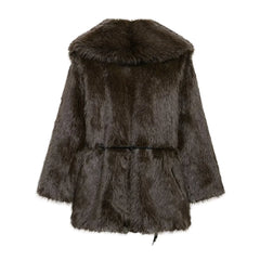 Women Fur Coat with Belt | Medium Long Coat | Long Sleeve | Loose Coat