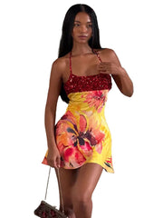 Women Floral Print Dress | Backless | Halter Neck | Sequin Bodycon Dress