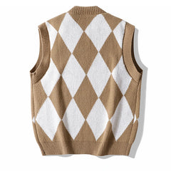 Men Plaid Sweater Vest | Sleeveless V-Neck Button Cardigan | Office Knitted Vest