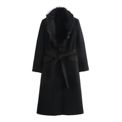 Women Belted Warm Fur Collar Coat | Flip Collar | Winter | Long Coat