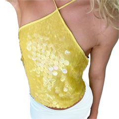 Women Sequin Halter Top | Tank Top | Glitter Tie-Up Vest | Backless Cami Top | Party