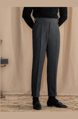Men Vintage Wool Herringbone Pattern Pants | Casual | British | Warm | High Waist | Straight Pants