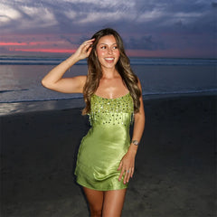 Women Sequin Tassel Dress | Beach Mini Dress | Satin | Spaghetti Straps