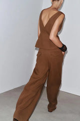 Women Brown Casual Pleated Pants | V Neck Vest Top | Set