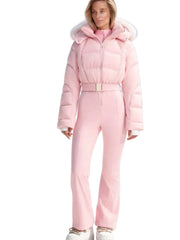 Women Pink Ski Wear Jumpsuit | Long Sleeve | Hoodie | Wide Leg Jumpsuit | Winter | Thick | Warm