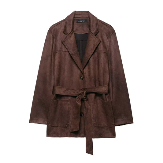 Women Brown Jacket | Long Sleeve | Suede | Belt Jacket