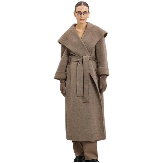 Women Shawl Collar Woolen Coat With Belt | Loose Long Sleeve | Overcoat | Winter Coat