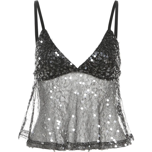 Women Sequin Patchwork Mesh Camisole | V-Neck | Backless Top | Summer