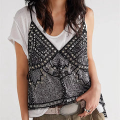 Women Sequin Mesh Tank Top | V Neck | Beaded | Halter Cami Crop Top | Sleeveless | Backless | Y2K