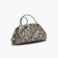 Women Leather Ruched Serpentine Dumpling Bag | Pouch Handbag | Cloud Clutch | Snake Pattern Shoulder Bag | Crossbody Bag