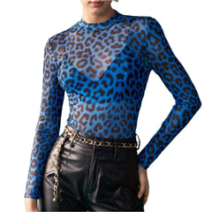 Women Leopard Long Sleeve Mesh Top | Basic Crew Neck Cheetah Print Top | See Through Top