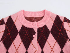 Women Argyle Cardigan | Casual | Knitted | Elegant Sweater | Long Sleeve | Knitwear