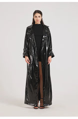 Women Black Shiny Leather Trench Coat | Luxury Designer | Floor Length | Glossy Leather Coat | Reflective | Soft Patent