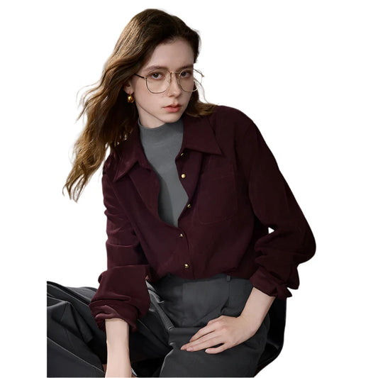 Women Corduroy Blouse Shirt | Turn Down Collar Winter Button Top