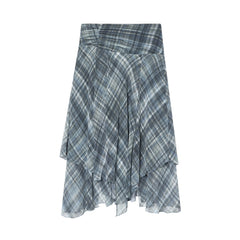 Women Blue Plaid Pleated Skirt | Asymmetrical Hem | High Waist | Long Skirt | Y2k