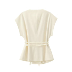 Women Sleeveless V-Neck Top With Belt Straight Pants Set | Top Trouser Suit | 2 Piece Set