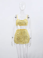Women Summer Tassel Top With Mini Skirt Set | Sequin Crop Top | Backless | Beach Holiday