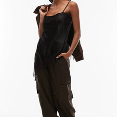Women Summer Vintage Lace Satin Asymmetrical Slip Top | Tank Top | Sleeveless | Backless | Spaghetti Strap
