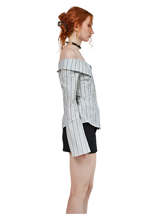 Women Off Shoulder Shirt | Blue White Stripes Long Sleeve Blouse