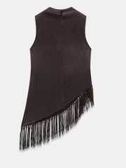 Women Summer Satin Tassel Hem Top | Brown | Sleeveless | High Neck | Long Tank Top
