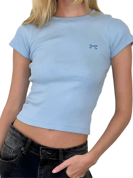 Women Summer Crop Top | Short Sleeve Bow Embroidery Ribbed T-Shirt