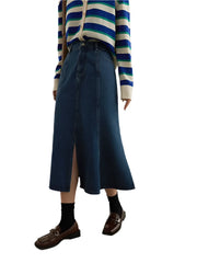 Women Fishtail Slit High Waist Denim Skirt | Blue Mid-Calf Casual Cotton Skirt