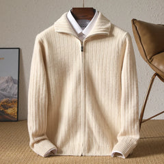Men Merino Wool Stand-Up Collar Cardigan | Business Casual | Warm Zipper Jacket
