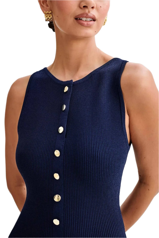 Women Summer Knitted Bodycon Dress | Single Breasted O Neck Sleeveless Knit Long Dress