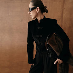 Women Napoleon Jacket | Elegant Office Short Coat | Stand Collar | Spring Jacket | Knotted Jacket