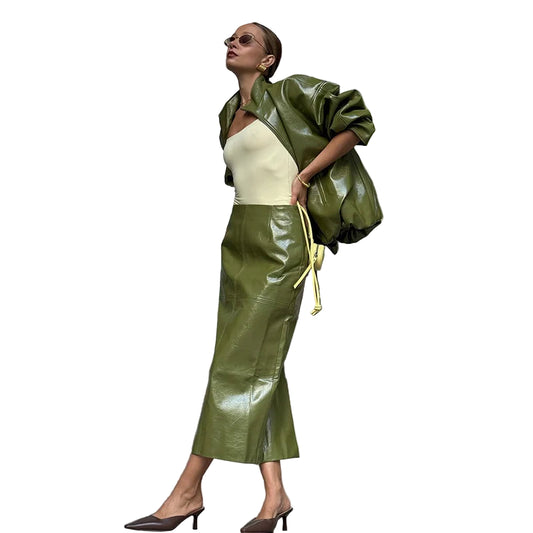 Woman Glossy Leather Two Piece Set | Leather Jacket | Straight Long Leather Skirt | Autumn | Stand Collar Zipper Jacket |
