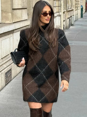 Women Printed Turtleneck Sweater Dress | Long Sleeve | Loose | Thick Knit Pullover | Fluffy