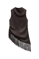 Women Summer Satin Tassel Hem Top | Brown | Sleeveless | High Neck | Long Tank Top