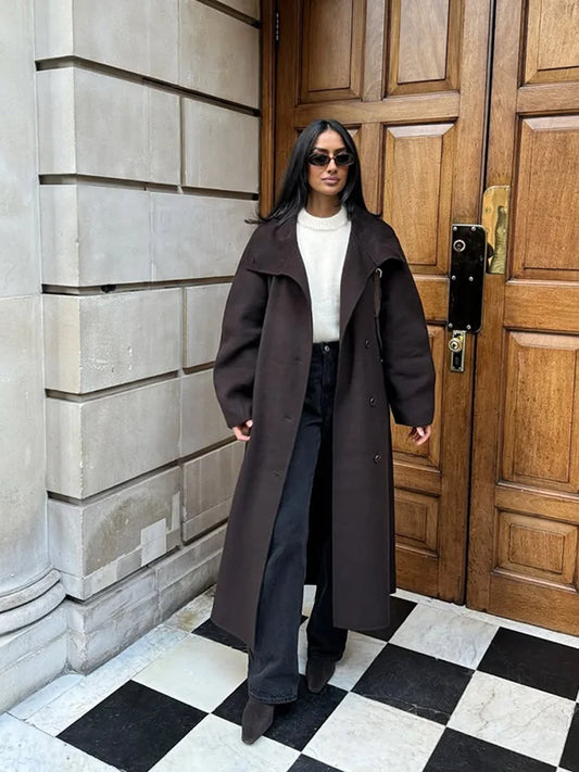 Women Long Cotton Coat | Stand Collar | Single Breasted Coat With Belt