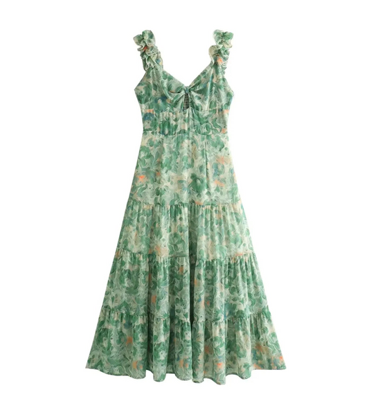 Women Holiday Summer Dress | Sleeveless V Neck A-line Floral Print Long Dress | Casual Vestidos